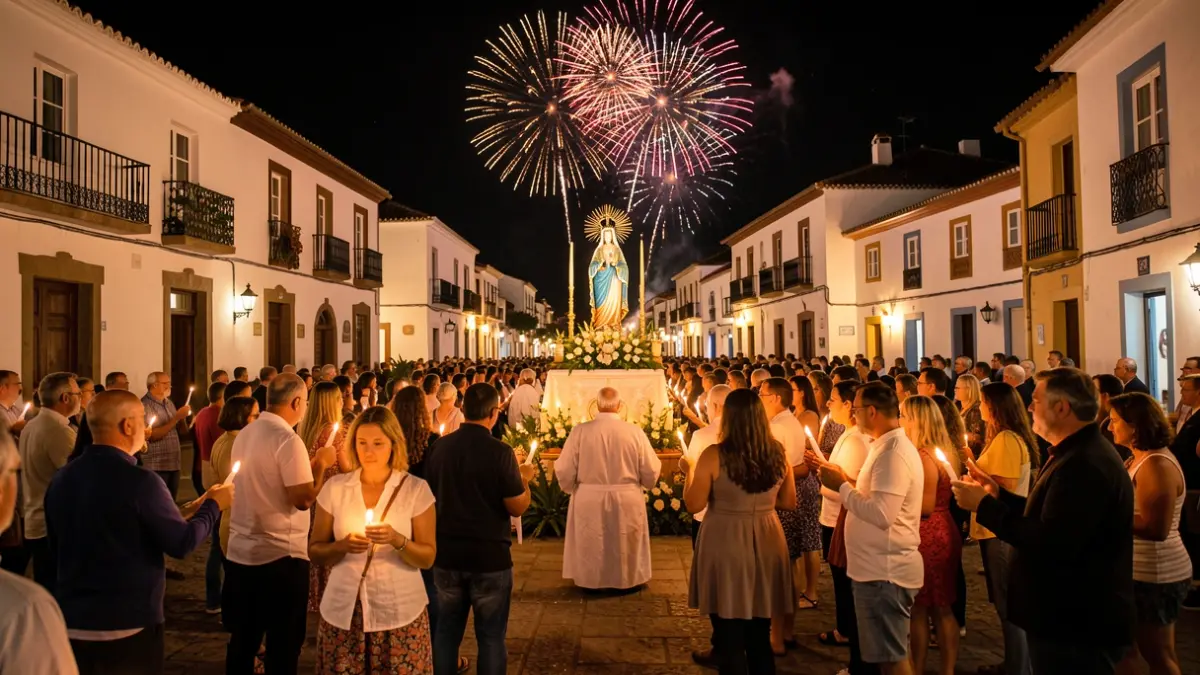 Night procession of the Virgen del Rosario in Machado, El Rosario, with fireworks.