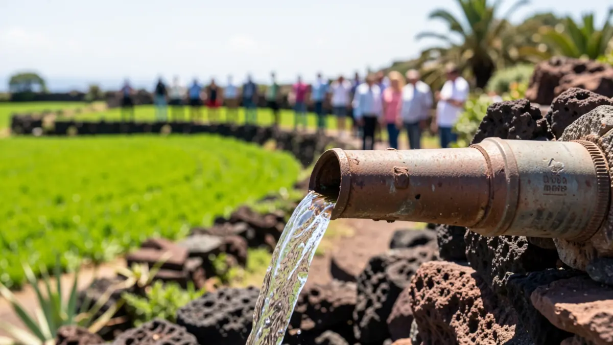 Primer plano de una tubería de agua regenerada fluyendo hacia campos de cultivo en Canarias.