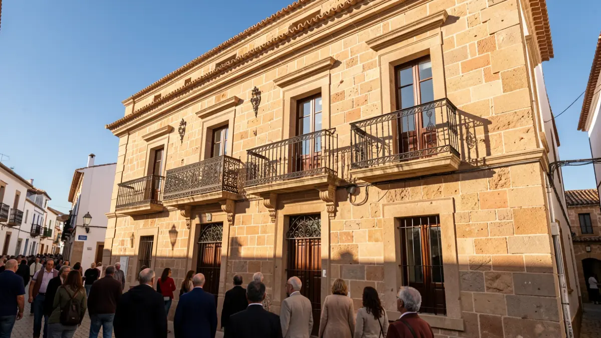 Generic image of a town hall facade with a stone balcony and afternoon sun.