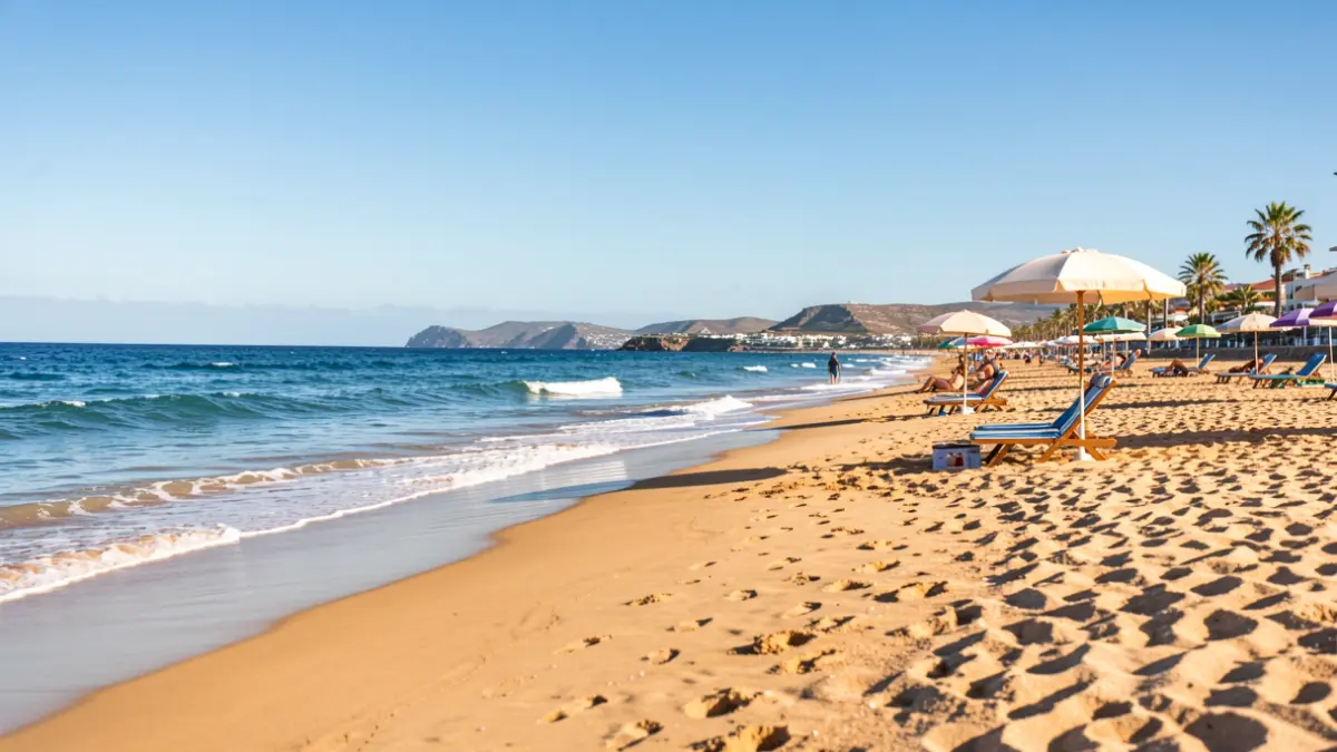 Imagen genérica de una playa en Canarias con sillas y sombrillas dispersas bajo un cielo azul.