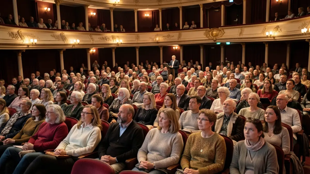 Imagen genérica de un grupo de más de 300 personas en un teatro, escuchando atentamente a un ponente. Iluminación cálida y ambiente de concentración.