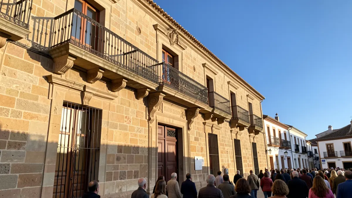 Imagen genérica de la fachada de un ayuntamiento con balcón y barandillas de hierro, luz de sol de la tarde, cielo azul.