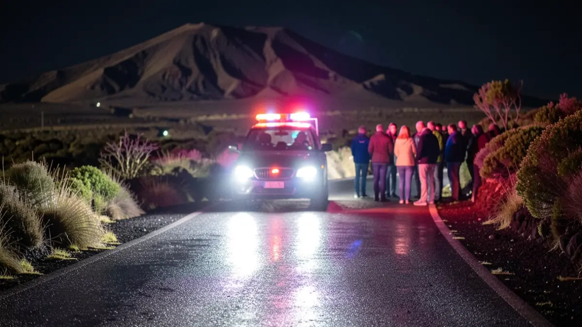 Imagen genérica de luces de emergencia en asfalto mojado por la noche en una zona rural de Tenerife.