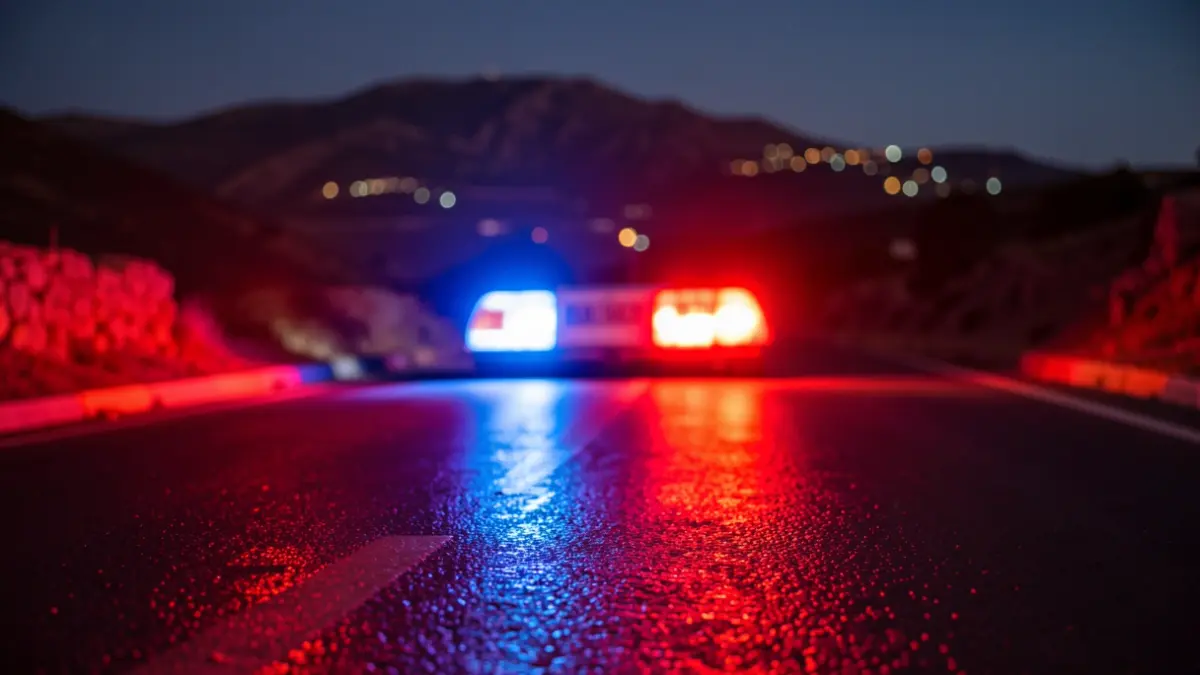 Generic image of ambulance emergency lights reflecting on wet asphalt at night.