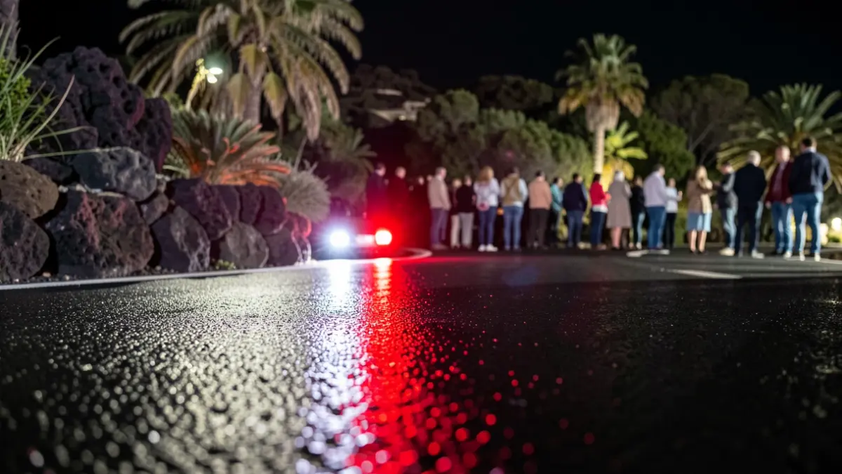 Generic image of emergency lights reflecting on wet asphalt at night, no vehicles or people visible.