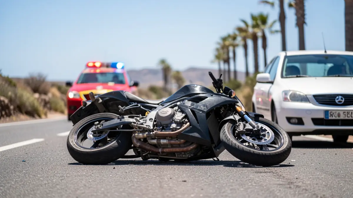 Imagen genérica de un accidente de tráfico con una motocicleta y un automóvil en una carretera de Tenerife.