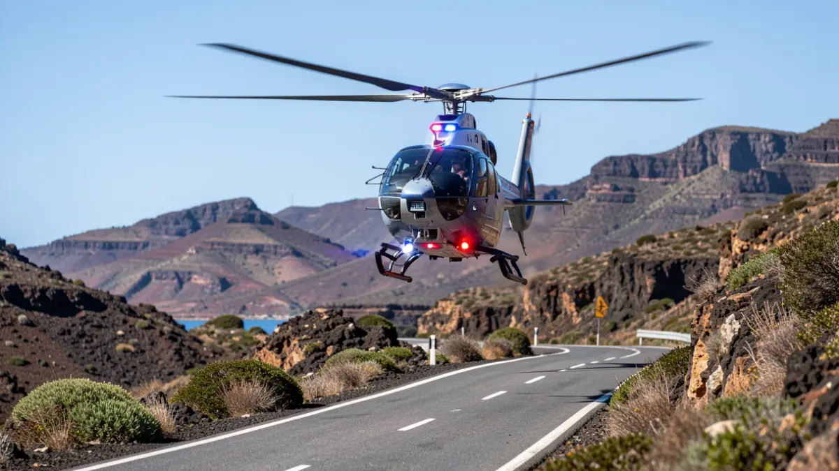 Helicóptero medicalizado del SUC evacuando a un motorista herido grave en la carretera TF-82, Santiago del Teide, Tenerife.