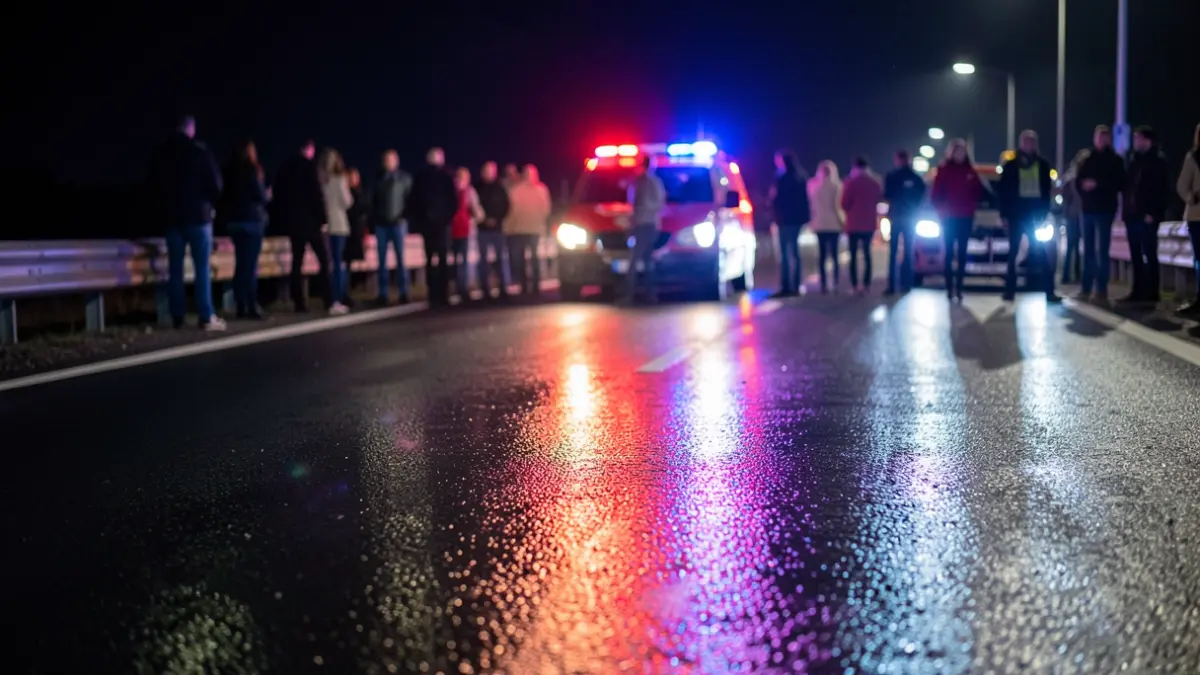 Imagen genérica de luces de emergencia reflejándose en asfalto mojado por la noche.