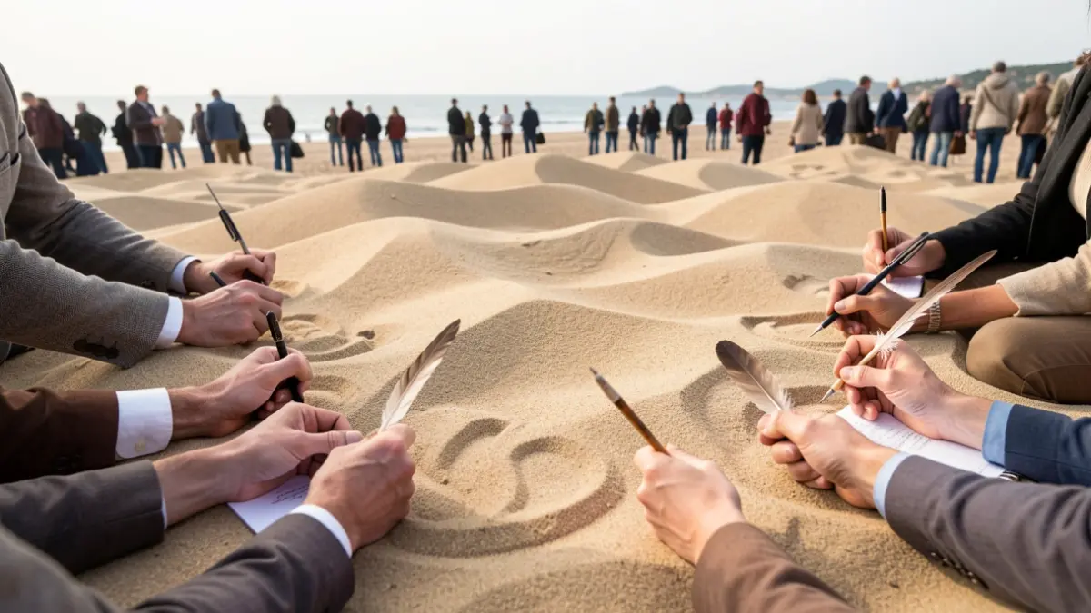 Imagen genérica de manos de autores sosteniendo instrumentos de escritura sobre un paisaje de dunas de arena.