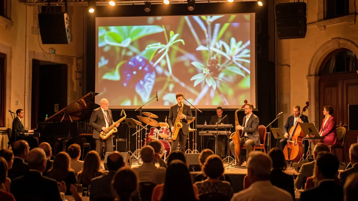 Imagen genérica de un concierto de jazz con proyecciones de fotografía de naturaleza abstracta.