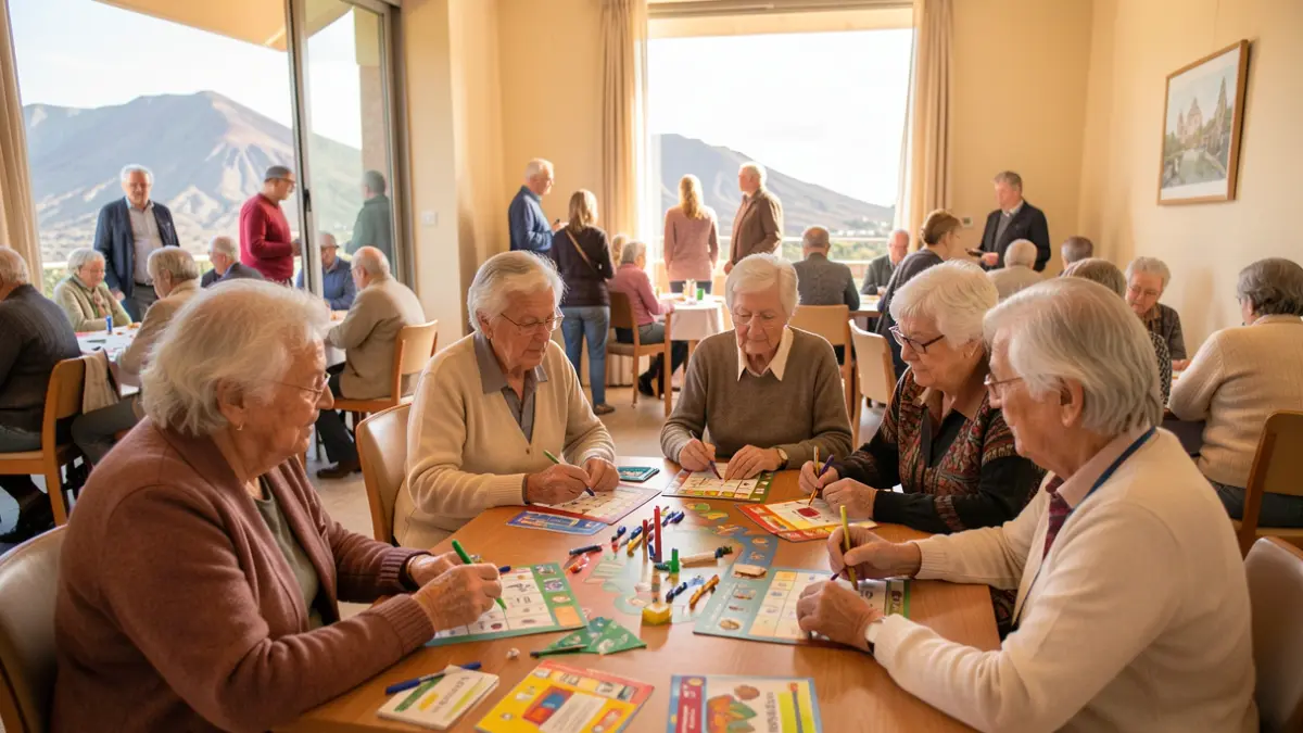 Generic image of elderly people participating in cognitive stimulation activities in a community center.