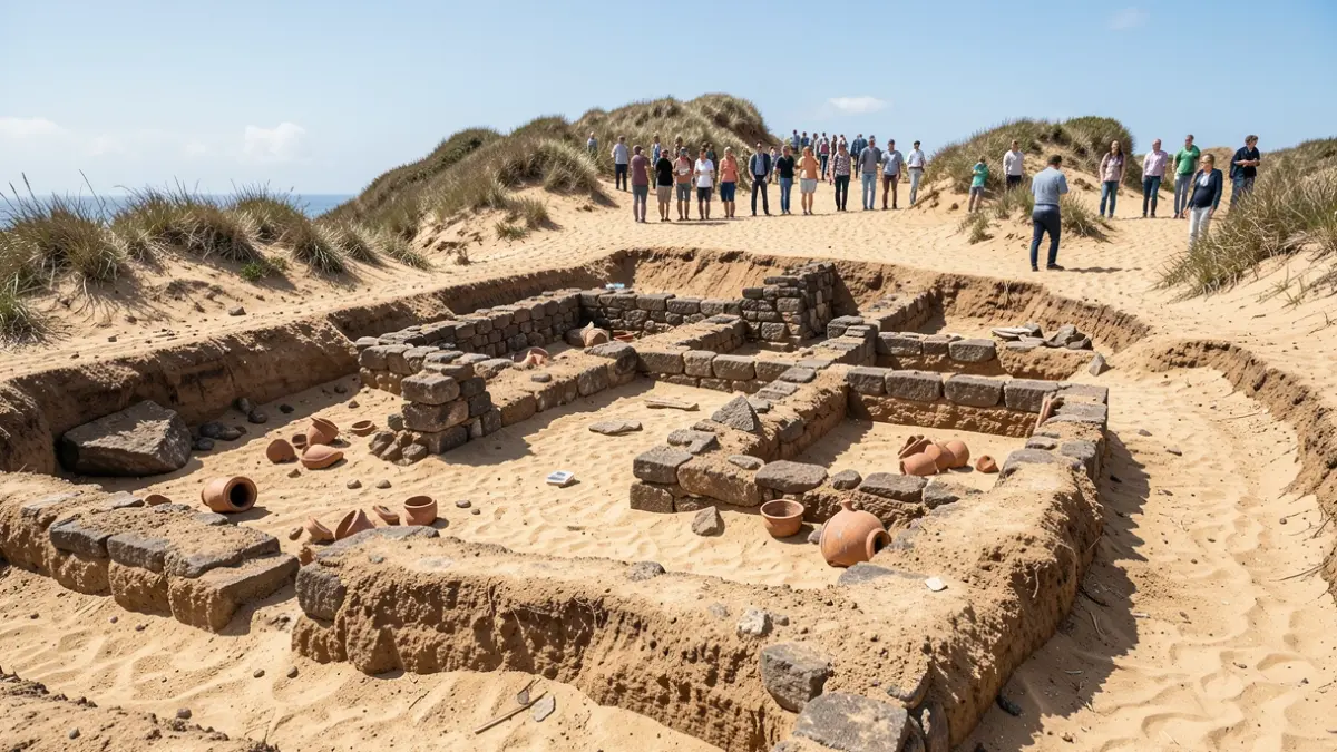 Generic image of an archaeological site in a dune area of the Canary Islands, showing stone structures and pottery fragments.