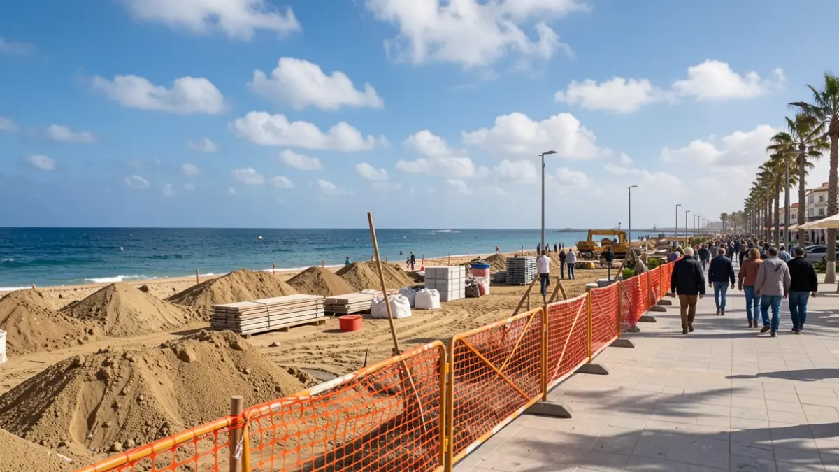 Generic image of a construction site on a beach promenade in the Canary Islands with orange safety barriers and building materials.