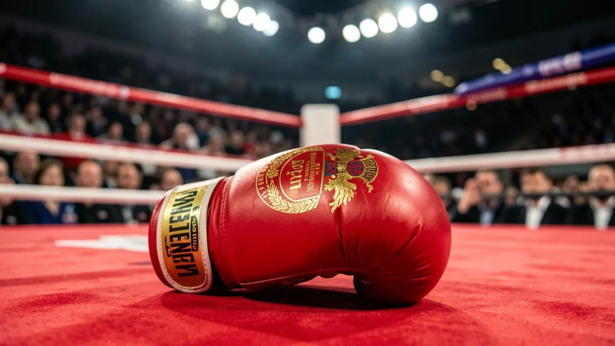 Primer plano de un guante de boxeo sobre la lona de un ring, con luces de estadio desenfocadas al fondo.
