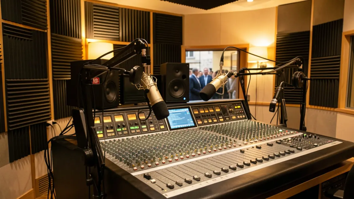 Estudio de radio profesional con equipos de sonido y paneles acústicos.