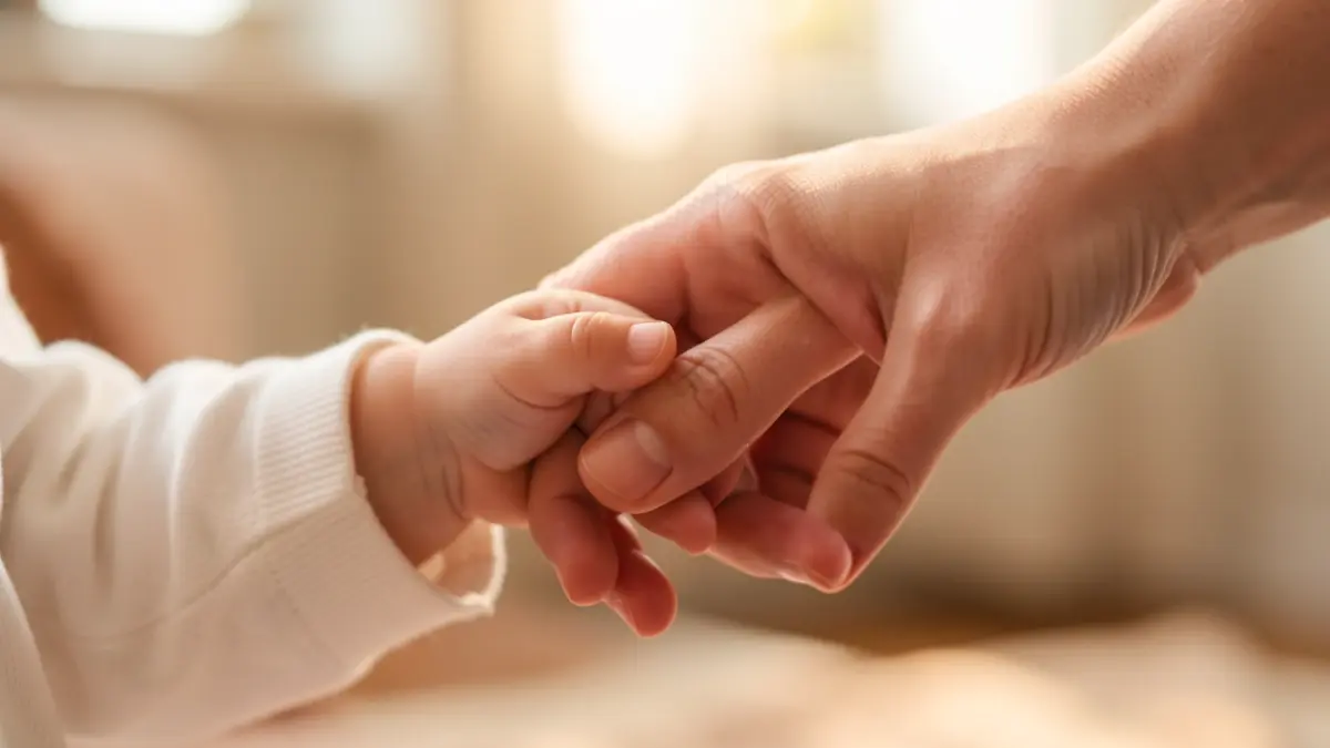 Generic image of a baby's hand holding an adult's finger, with a soft background and warm light.