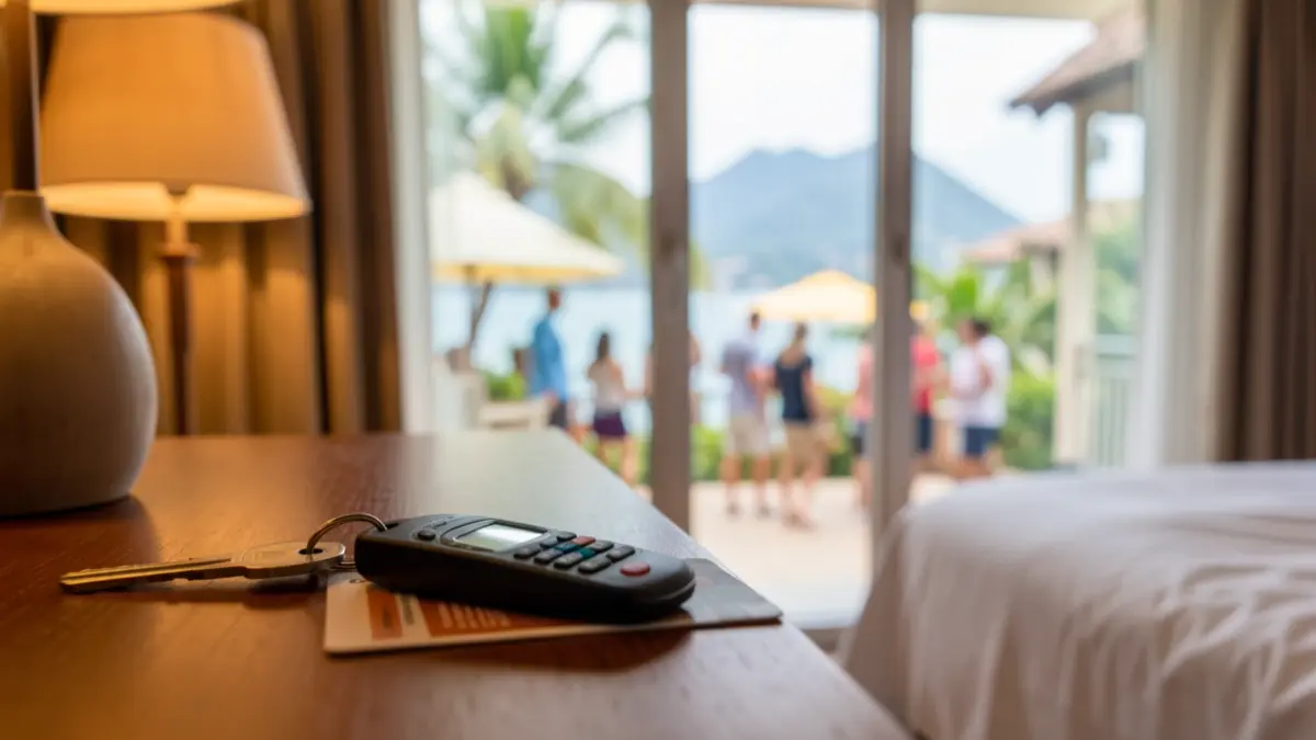 Imagen genérica de una tarjeta de acceso a hotel sobre una mesita de noche, con el exterior de un resort tropical desenfocado al fondo.