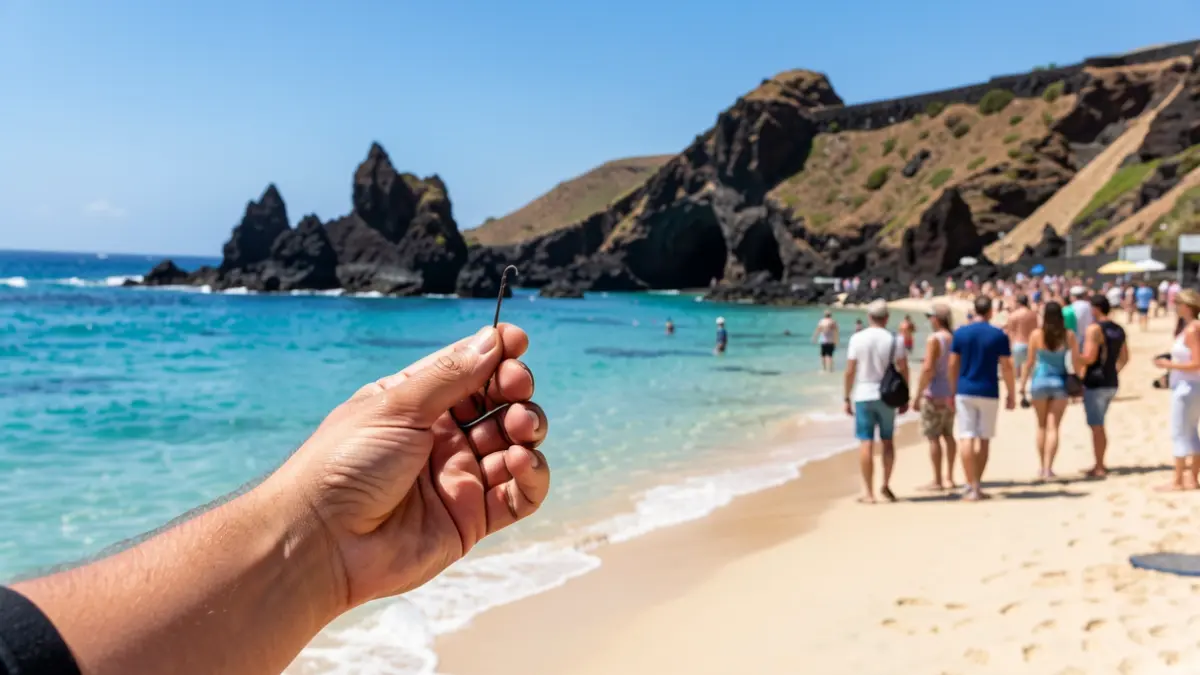 Person with a fishing hook stuck in their hand at Papagayo Beach, Lanzarote.