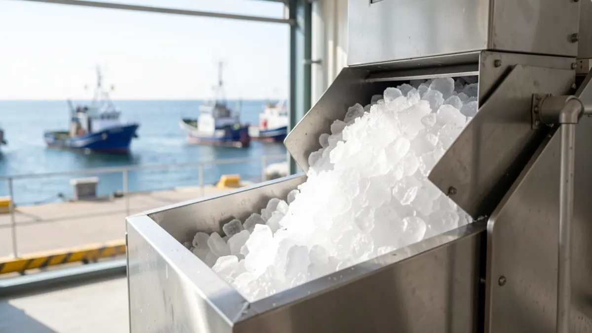 Máquina industrial produciendo hielo en escamas en el puerto de Playa de Santiago, La Gomera.