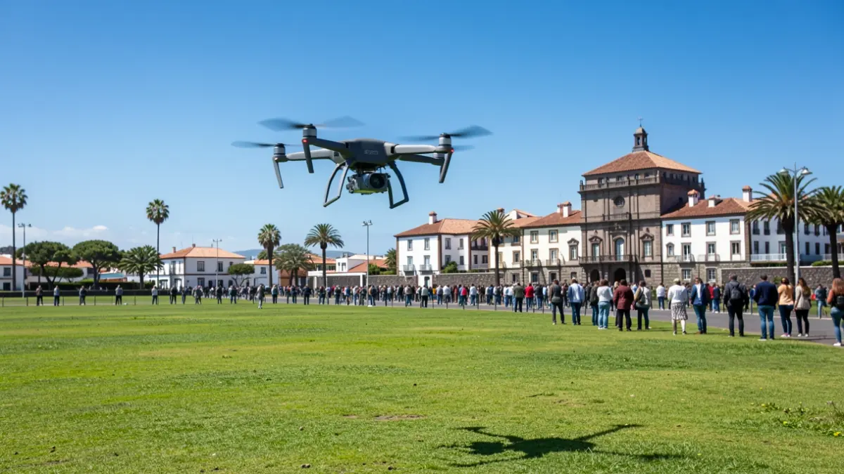 A drone flying over a field in La Guancha, with the Town Hall in the background.