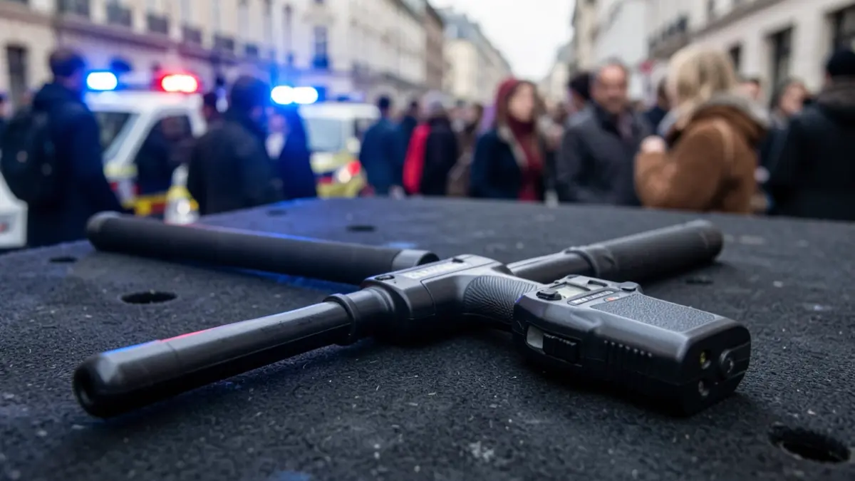 Generic image of a police baton and a taser device on a dark surface, with blurred emergency lights in the background.