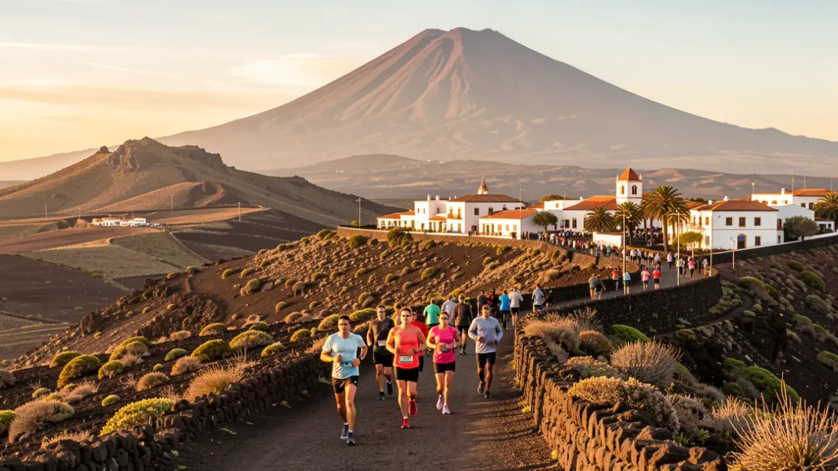 Imagen genérica de la Trail Ruta de los Molinos en Vega de San Mateo, Canarias, con corredores y paisaje volcánico.