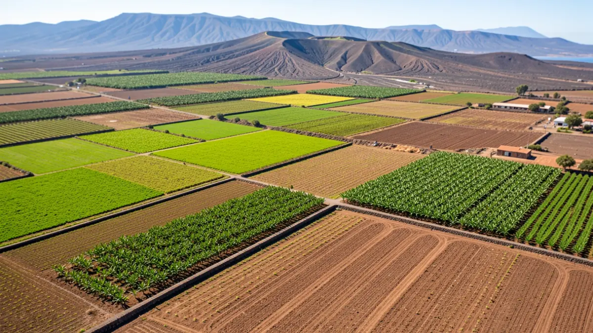 Aerial view of cultivated fields in Gran Canaria, showing banana plantations and volcanic terrain.