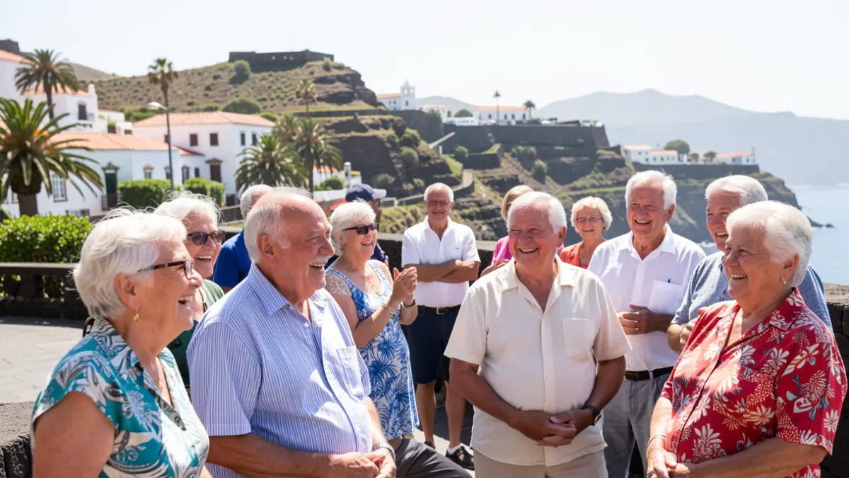 Imagen genérica de un grupo de personas mayores disfrutando de un viaje al aire libre en un entorno con arquitectura canaria.