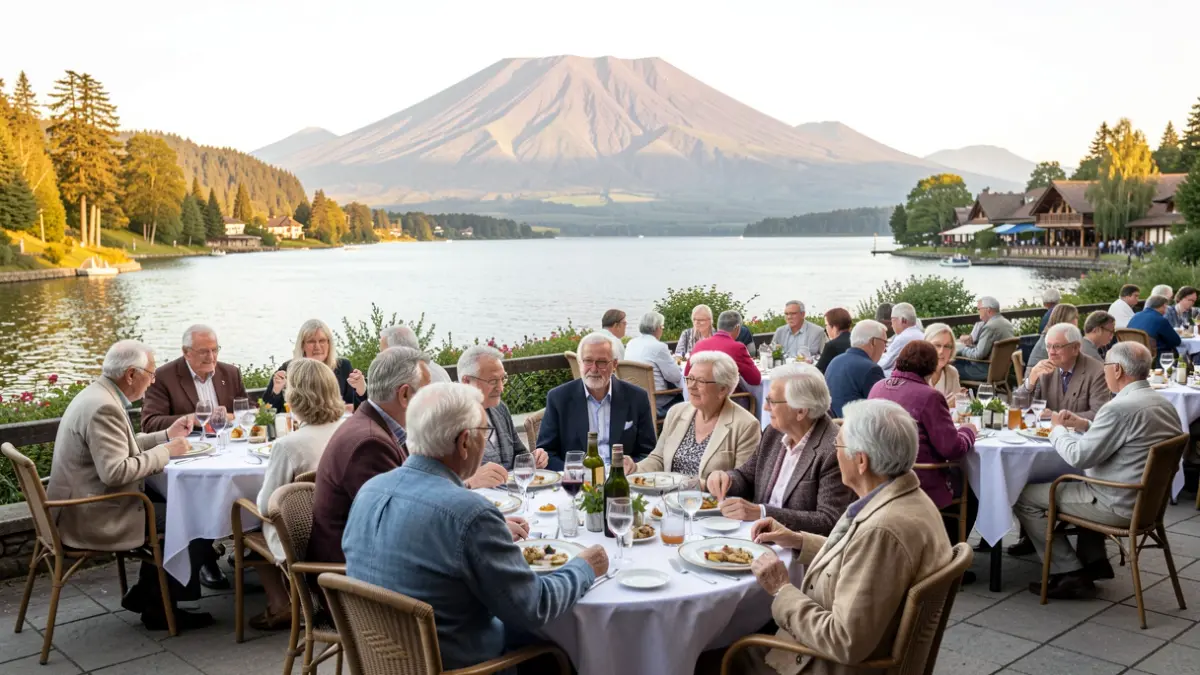 Generic image of elderly people sharing a meal at a tourist complex with a lake and volcanic landscape in the background.