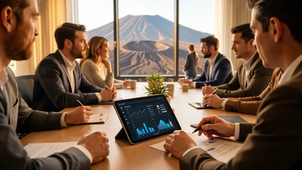 Image of a modern workspace in Fuerteventura with people collaborating on digital transformation.