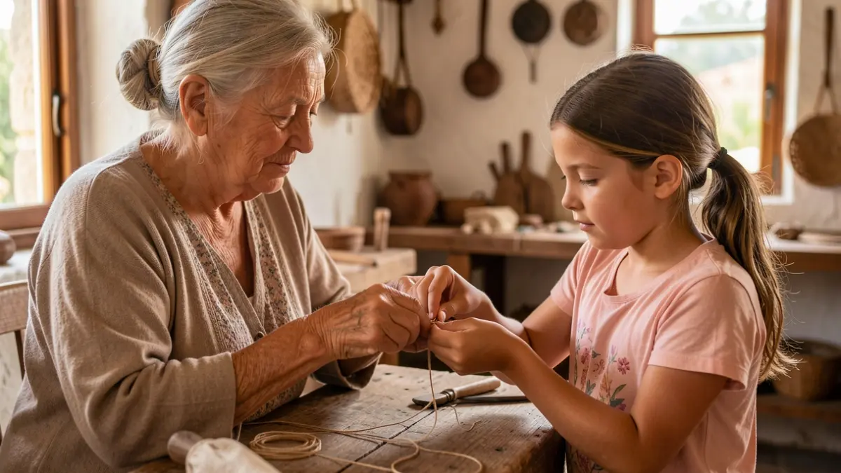 Mujeres mayores enseñando a niños a hacer pulseras artesanales en un taller intergeneracional en Canarias.