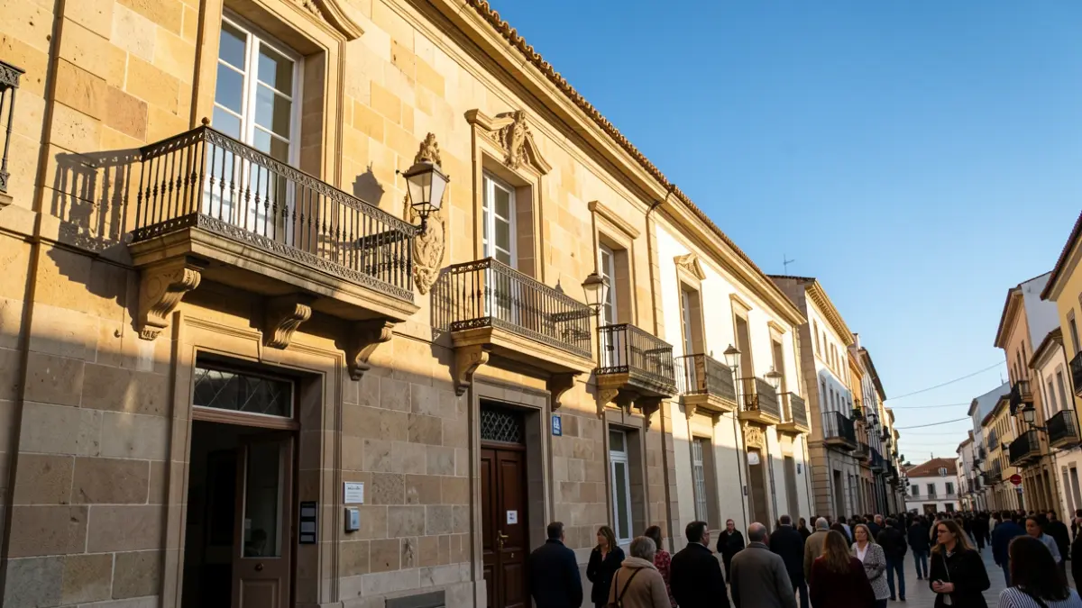 Fachada de un ayuntamiento canario con balcón y barandillas de hierro, luz de sol de la tarde.