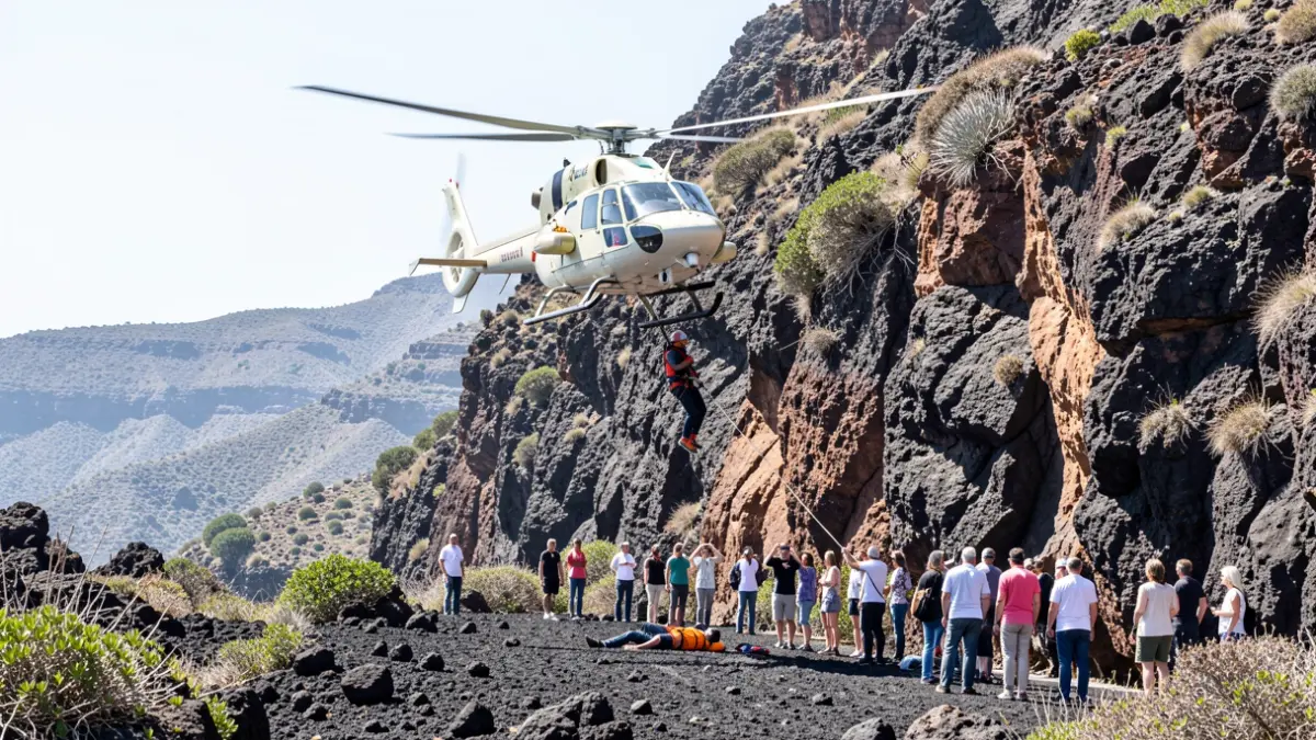 Helicóptero de rescate evacuando a una senderista herida cerca del Roque Nublo en Tejeda, Gran Canaria.