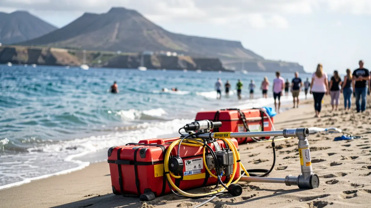 Generic image of a rescue on a Canary Islands beach. Rescue elements and the sea are visible.