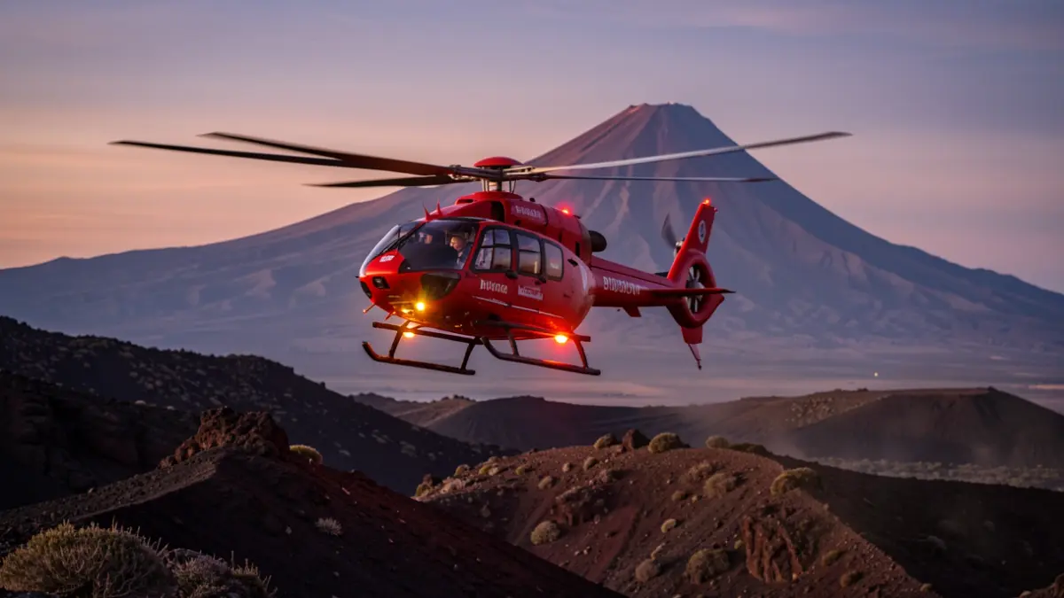 Generic image of a rescue helicopter over a volcanic landscape in Tenerife at dusk.