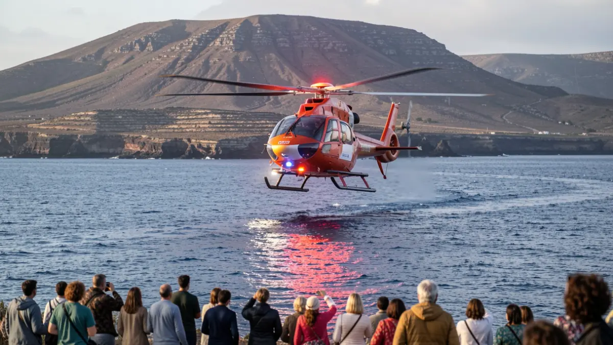 Generic image of a rescue helicopter hovering over a coastal area in the Canary Islands, with emergency lights reflecting on the water.