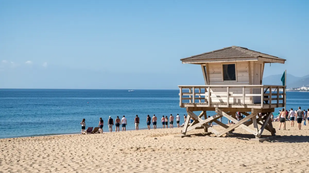 Generic image of a lifeguard tower on a Canary Islands beach with the sea and sky.