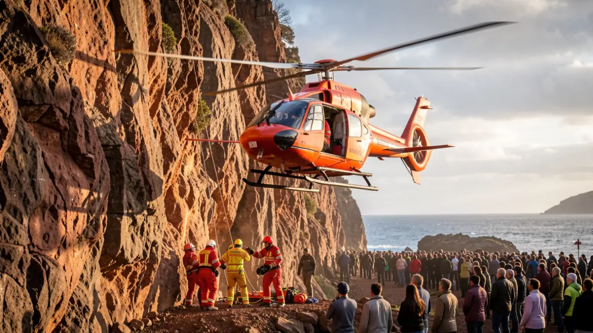 Image of a rescue helicopter near a rocky cliff in Roque Bentayga, Gran Canaria, during a rescue operation.