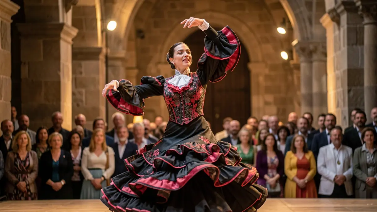 Imagen genérica de una bailarina de flamenco en movimiento dentro de un espacio histórico con elementos canarios sutiles.