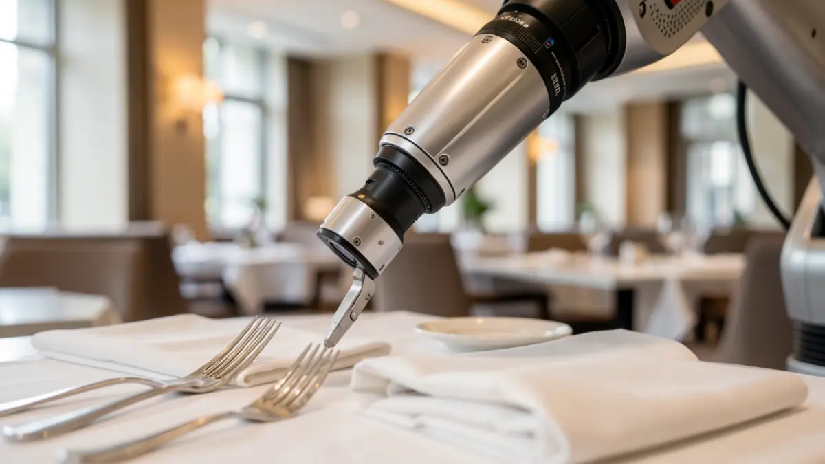 Close-up of a robotic arm performing a delicate task in a modern hotel setting, with professional lighting.
