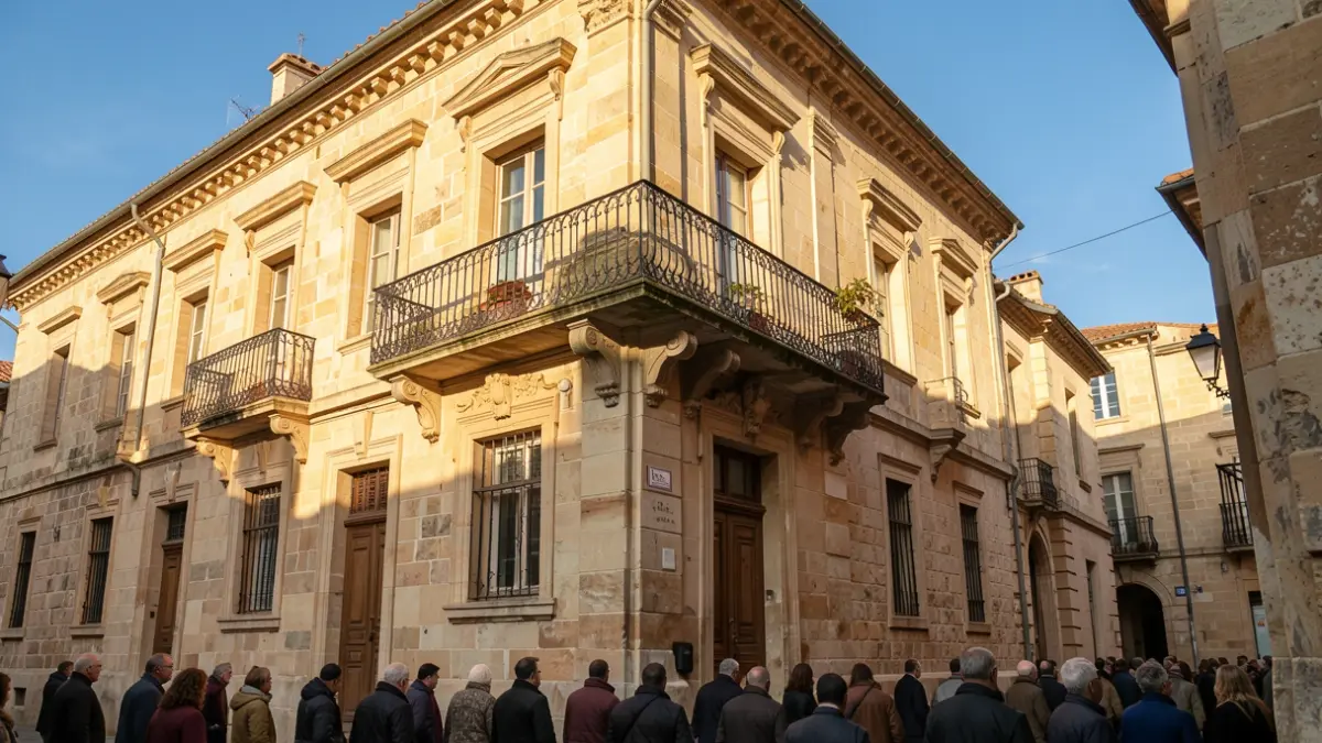 Imagen genérica de la fachada de un ayuntamiento tradicional de piedra con balcón ornamentado y barandillas de hierro, luz cálida de la tarde proyectando sombras sobre las paredes de arenisca, cielo azul.