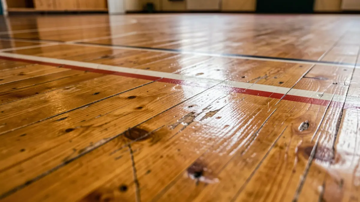 Imagen genérica de la superficie de una pista deportiva de madera con marcas y zonas reparadas.