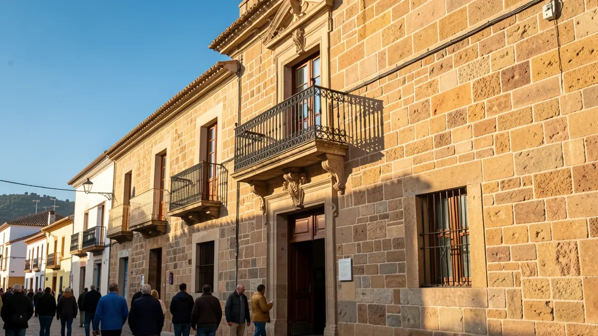 Imagen genérica de la fachada de un ayuntamiento con balcón y barandillas, bajo la luz del sol de la tarde.