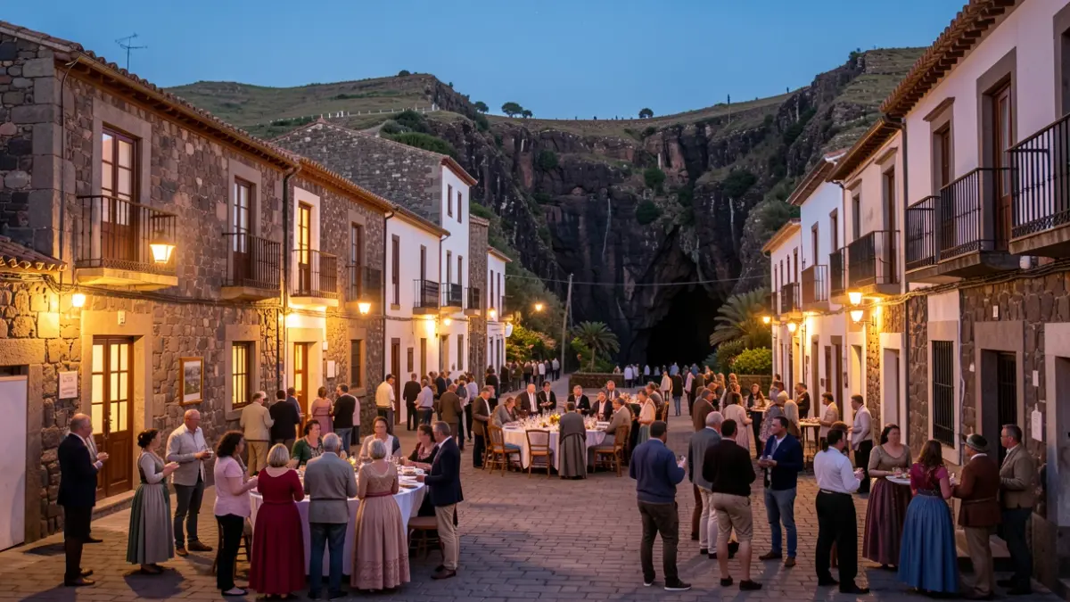Canarian town square at dusk with warm lights and a path leading to a ravine.