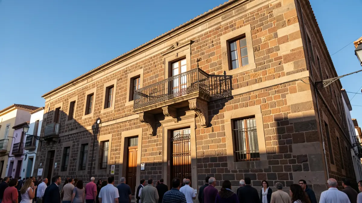 Generic image of a Canarian town hall facade made of stone with a balcony and iron railings, under the afternoon sunlight.