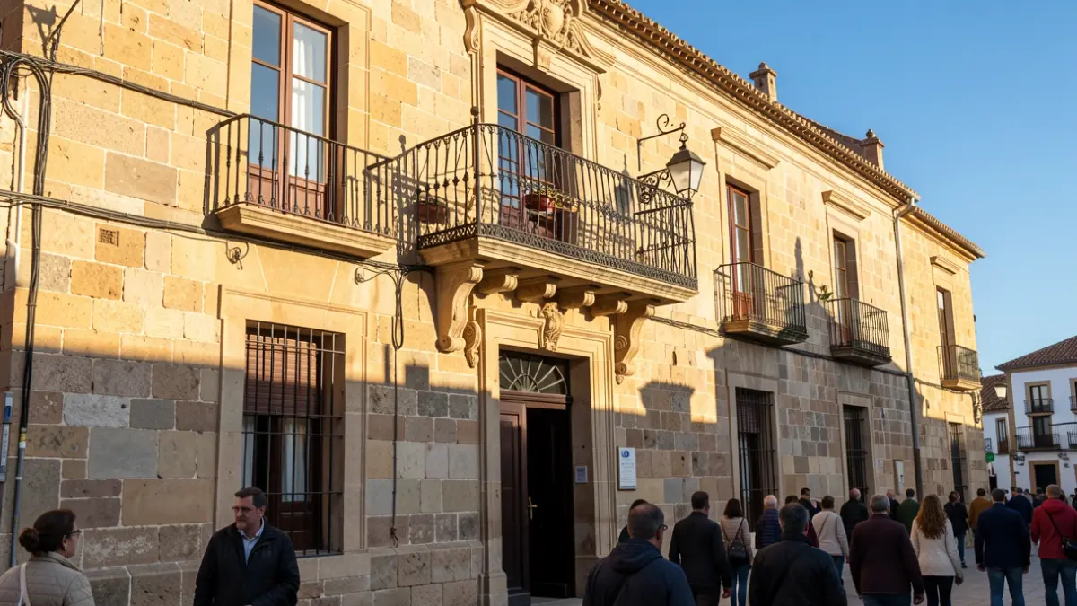 Imagen genérica de la fachada de un ayuntamiento con balcón y barandillas de hierro, luz de sol de la tarde, cielo azul, arquitectura canaria.