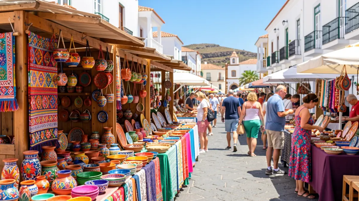 Artisan market in Plaza de Las Américas, San Sebastián de La Gomera, featuring pottery and textile stalls.