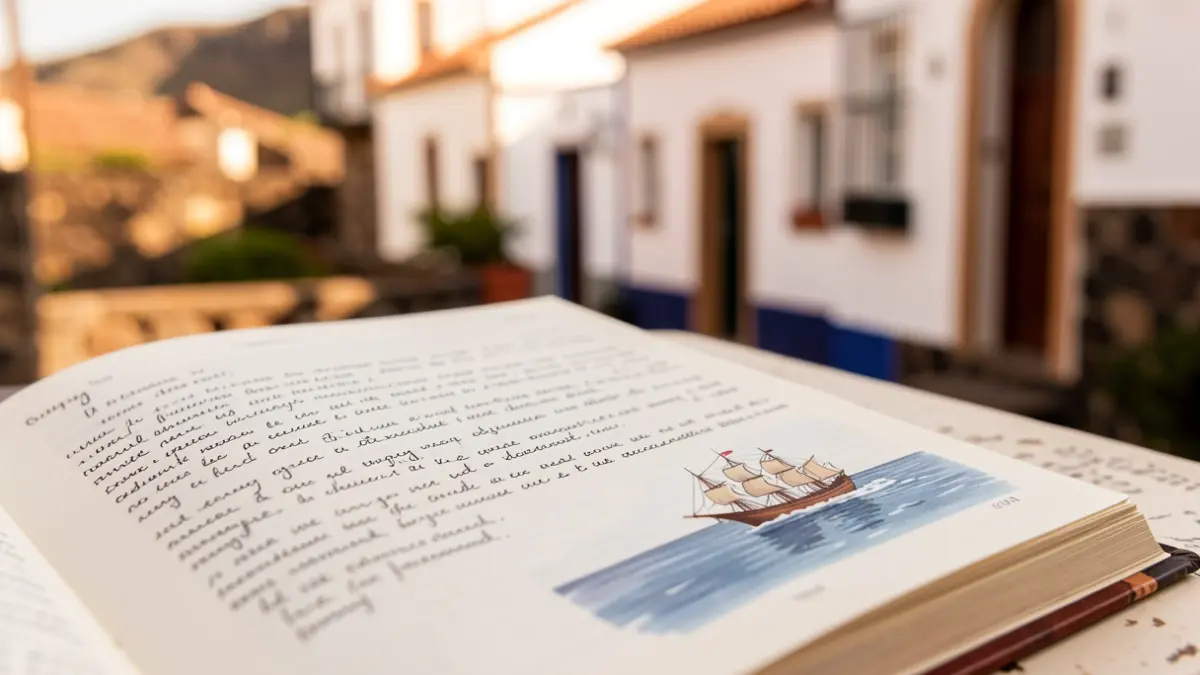Libro abierto con texto manuscrito y una ilustración de un barco, sobre un fondo de arquitectura canaria.