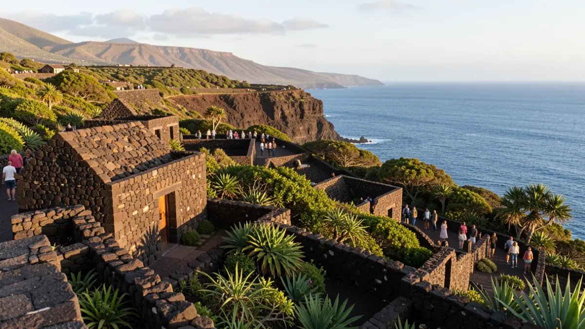Generic image of a Canarian volcanic landscape with traditional stone architecture and subtropical vegetation.