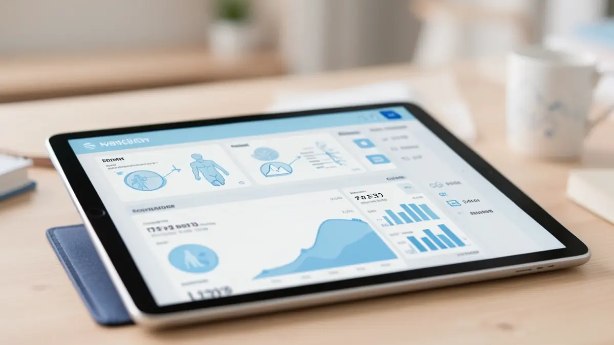 Imagen genérica de una tablet mostrando una interfaz de historia clínica electrónica con iconos médicos y gráficos de datos.